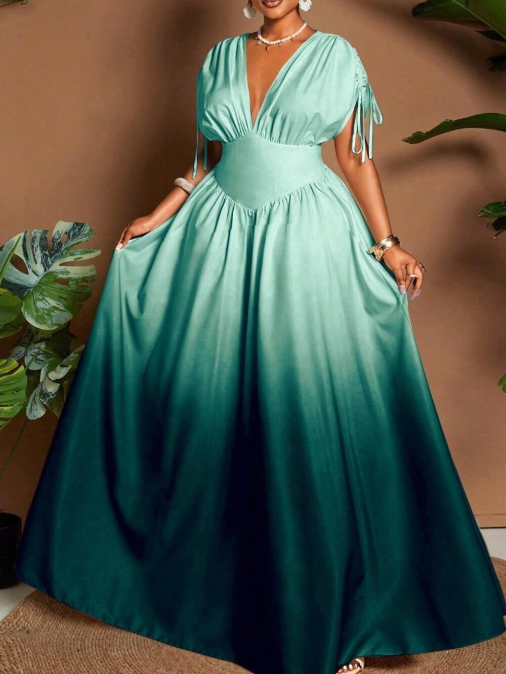 Multicolor Casual Women's Ombre V-Neck A-Line Maxi Dress - Picture 6 of 7